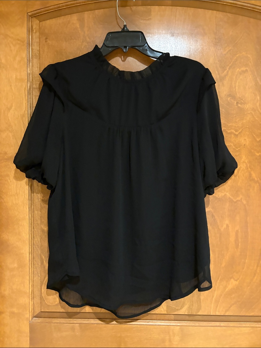 LOFT Black Chiffon Short Sleeve Ruffle Neck Blouse